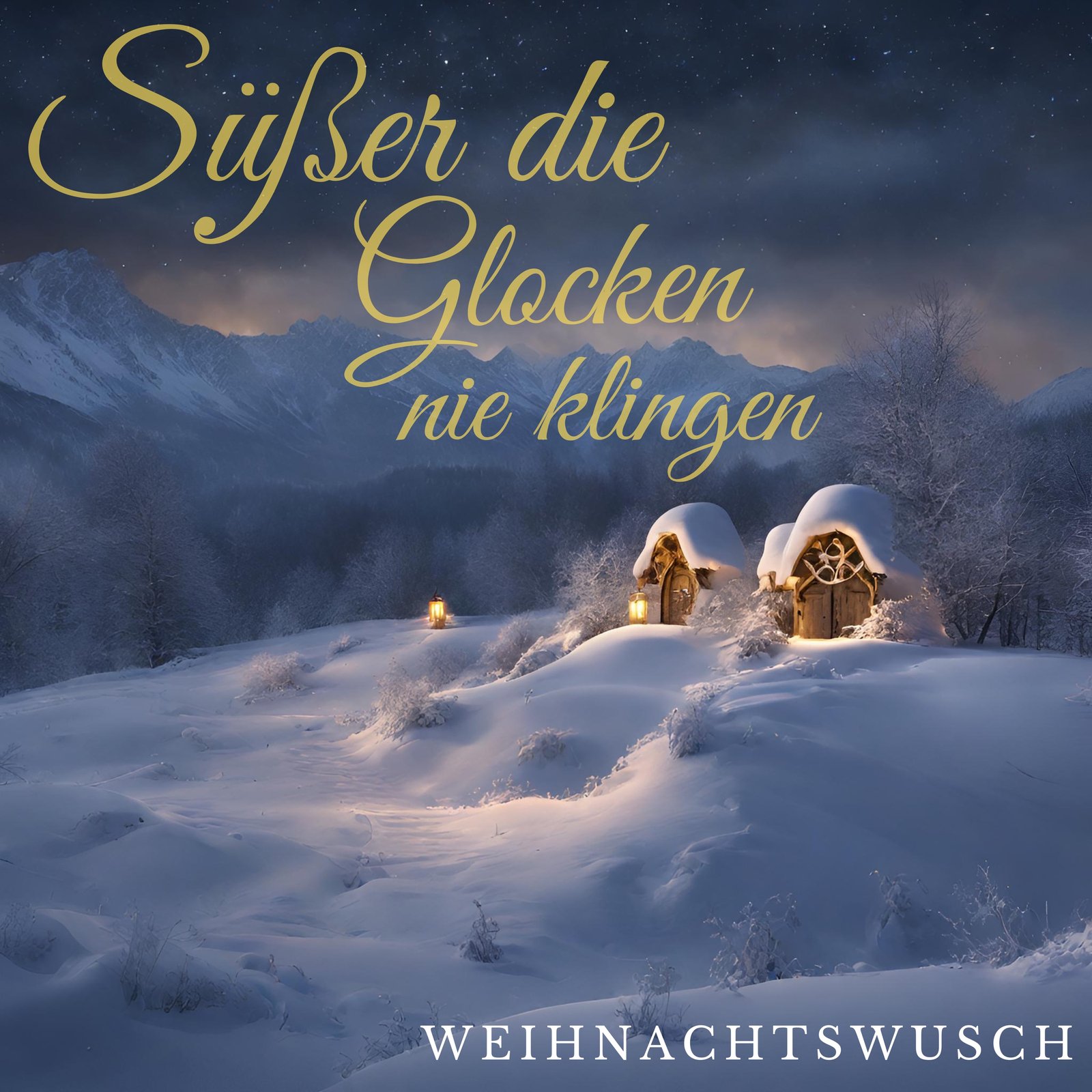 Cover von „Süßer die Glocken nie klingen“: zwei verschneite Hütten mit Laternen in einer Berglandschaft bei Nacht.