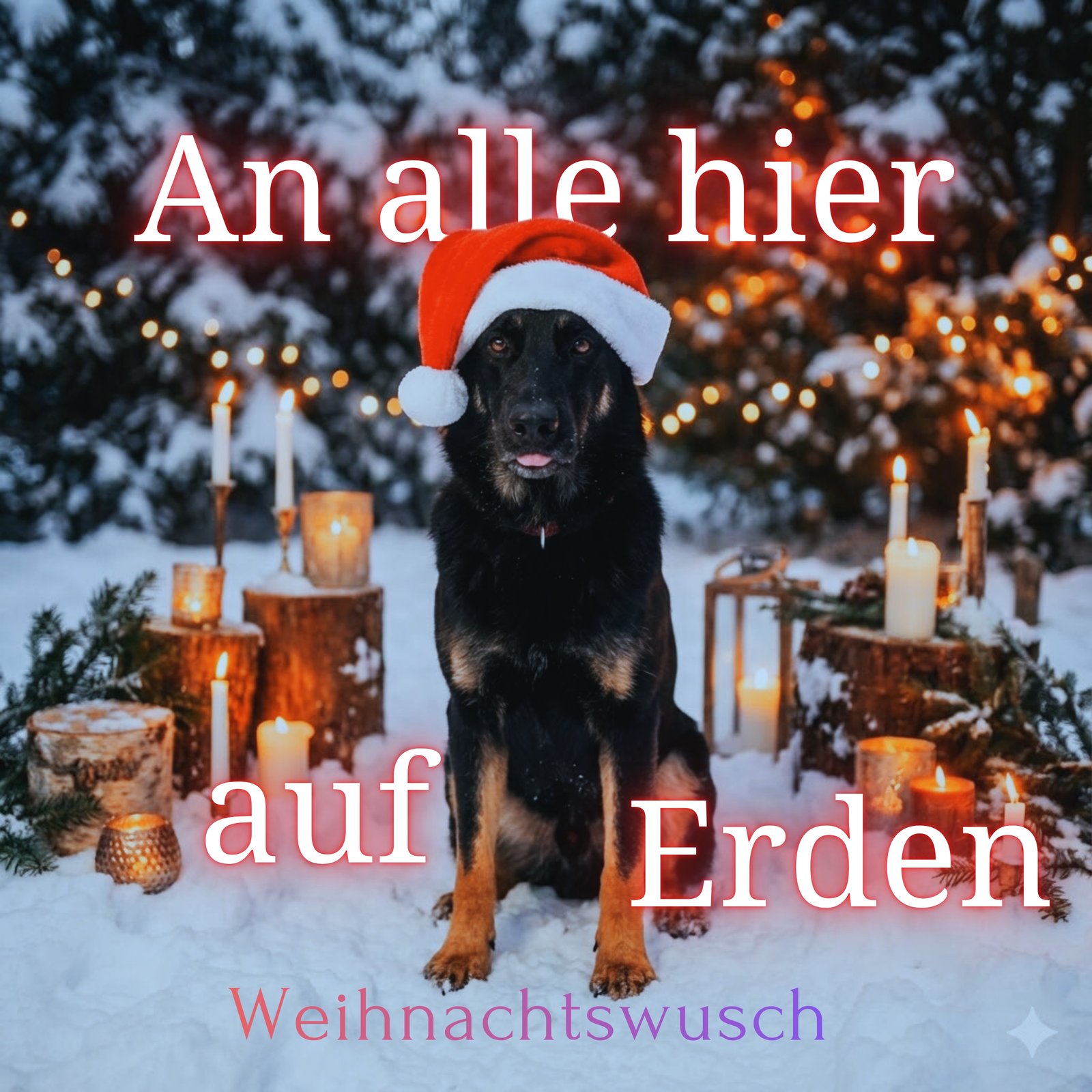 Cover von „An alle hier auf Erden“: ein Hund mit roter Weihnachtsmütze im verschneiten Wald zwischen Kerzen und Laternen, unten der Schriftzug „Weihnachtswusch“.
